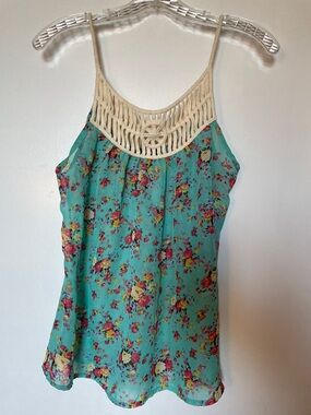 ALLOY Aqua Floral Crochet Yoke Cami Tank